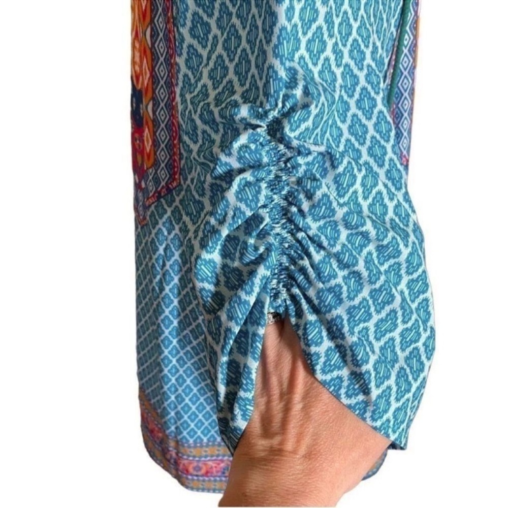 Urban Coco Blue Multicolor Ruche Sleeve Swim Coverup Dress with Tassels Medium - Picture 6 of 14